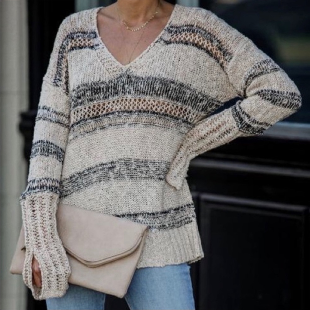 Storia Maverick Striped Textured Knit Sweater Bell Cuffs Size Small S